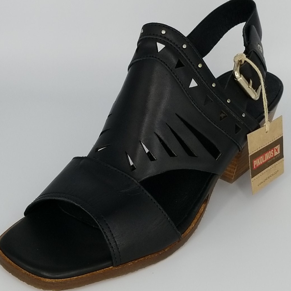 Pikolinos Black Leather Cut Out Wedge Sandals 41 New